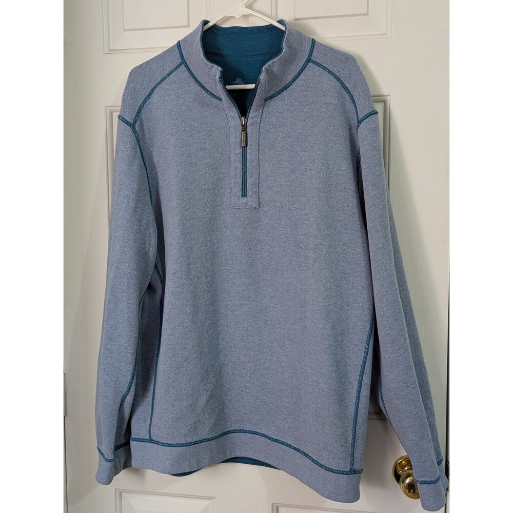 Tommy Bahama Sweater Mens XL Blue Aqua Reversible Pullover 1/4 Zip Knit Logo